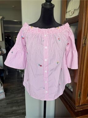 Pink Striped Off-Shoulder Embroidered Button Blouse